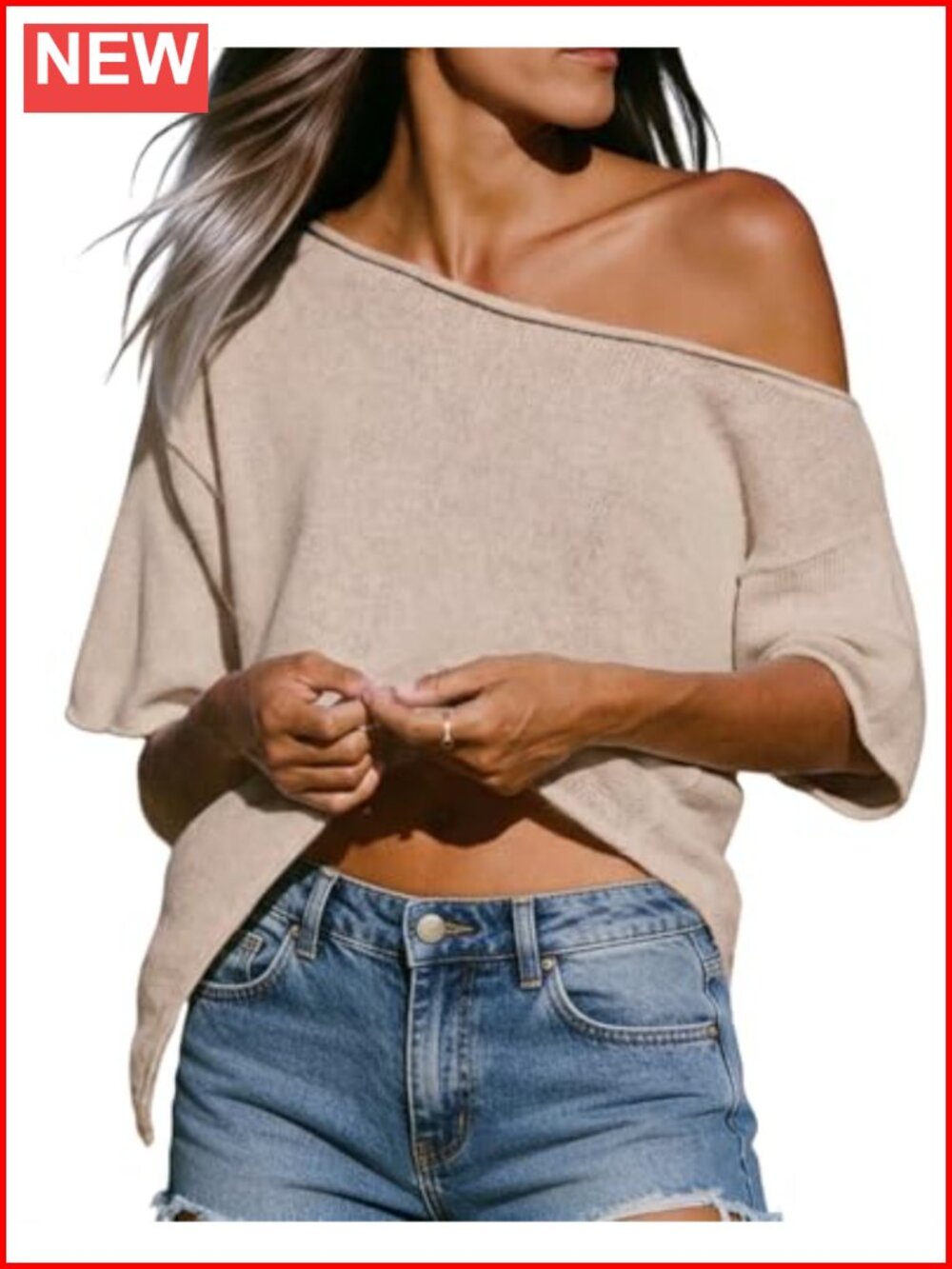 Off Shoulder Crochet Cover Up Knit Top Side Split Roll Hem Summer Top